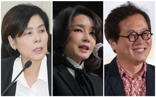 최민희(왼쪽) 더불어민주당 전 의원, 윤석열 국민의힘 대선 후보 김건희씨(가운데), 맛 칼럼니스트 황교익씨. <연합뉴스>